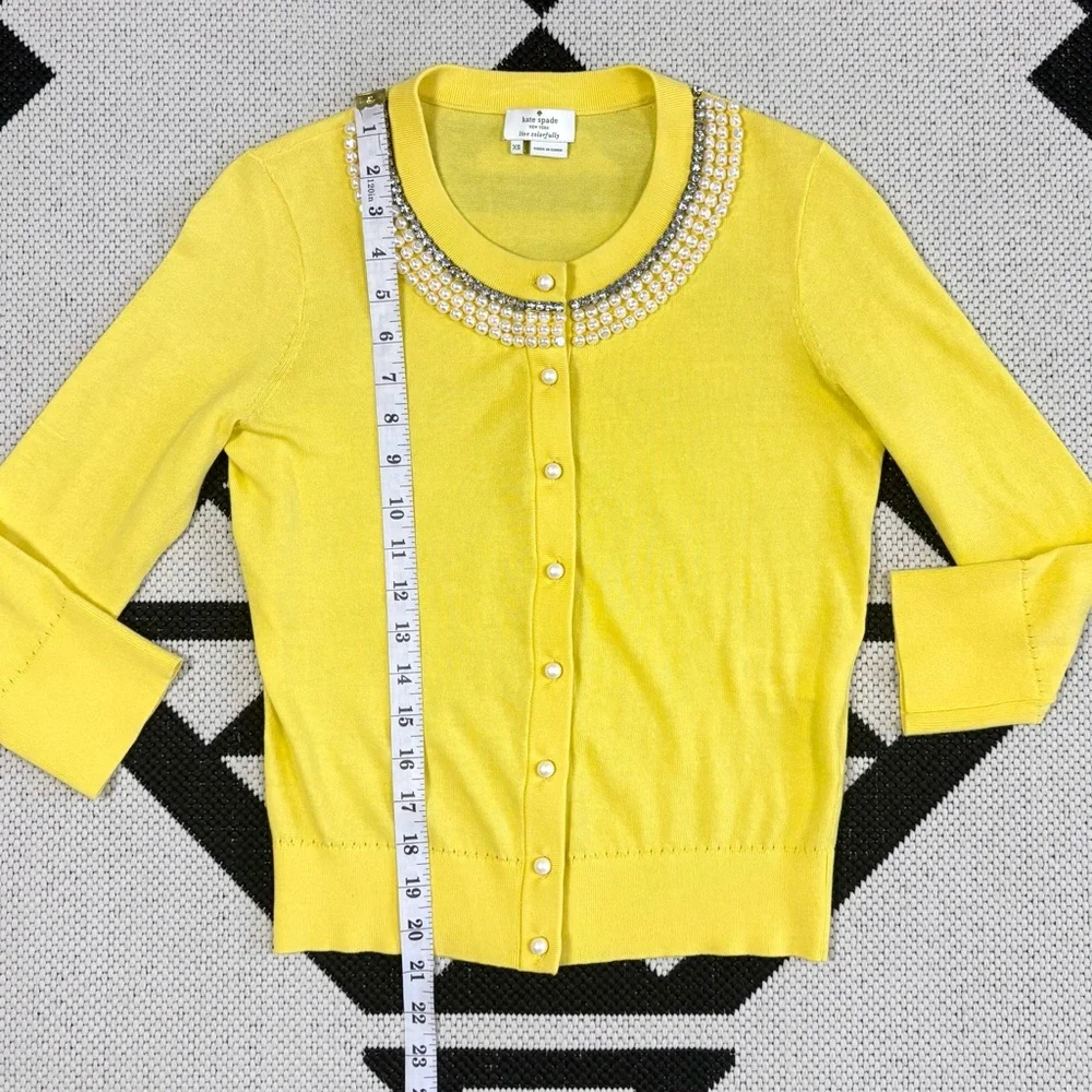 Kate Spade Tula Beaded Pearl & Rhinestone Cardigan in Lemon Yellow XS